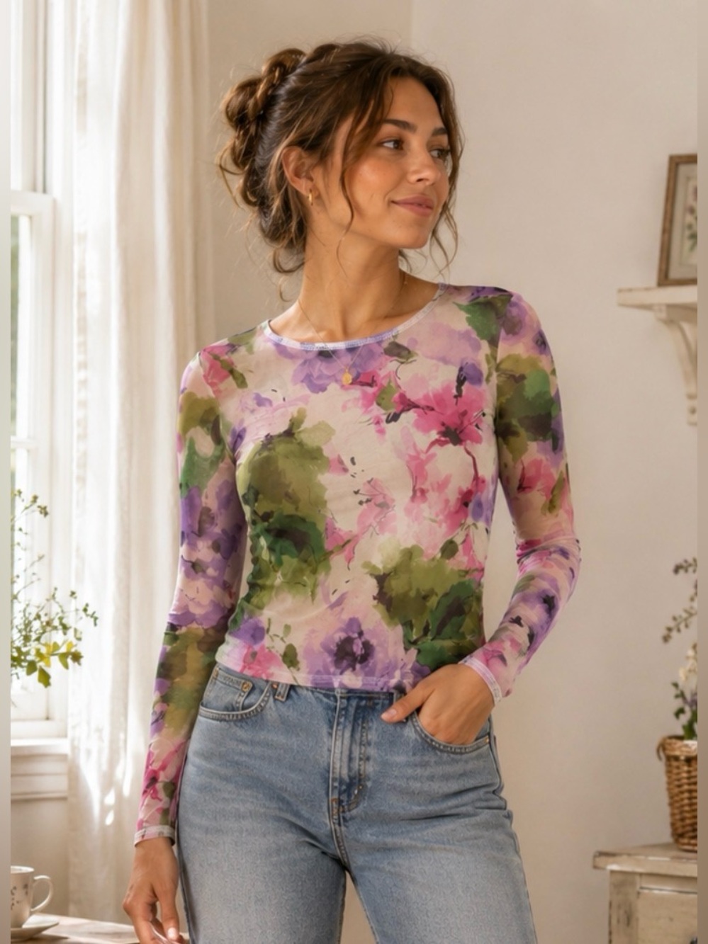 Rebecca Minkoff Sheer Floral Mesh Long Sleeve Cottagecore Lightweight Top Size M